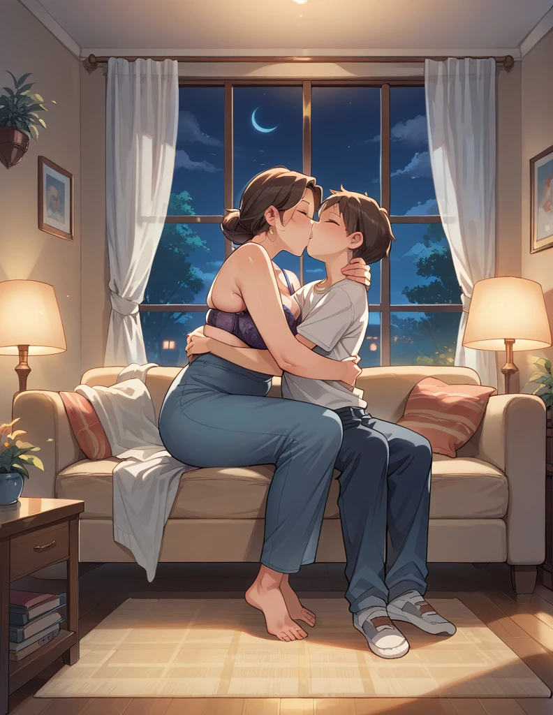 score_9, score_8_up, score_7_up, source_anime, 1boy, 1girl, mature female wearing sexy bra and panty,  mother and son, kid, hug, kissing, date night, romantic, in the living room, full body 