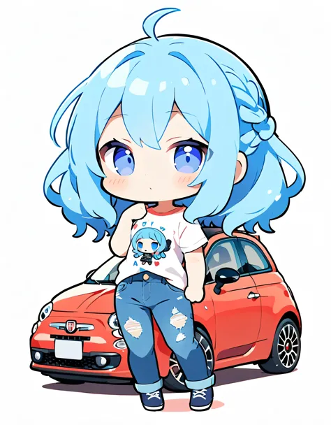 (alien woman,Blue Skin,Dreadlocks,Cute tail,Pop T-shirt,jeans),I drive a Fiat 500,(chibi),(Chibi Character)