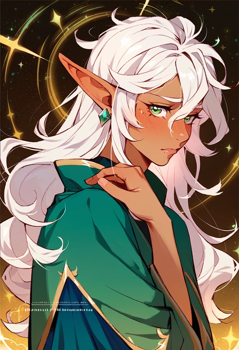 femboy, shy, messy hair, beauty marks, verry tanned, long hair, white hair, green eyes, fantasy clothing, elf ears.