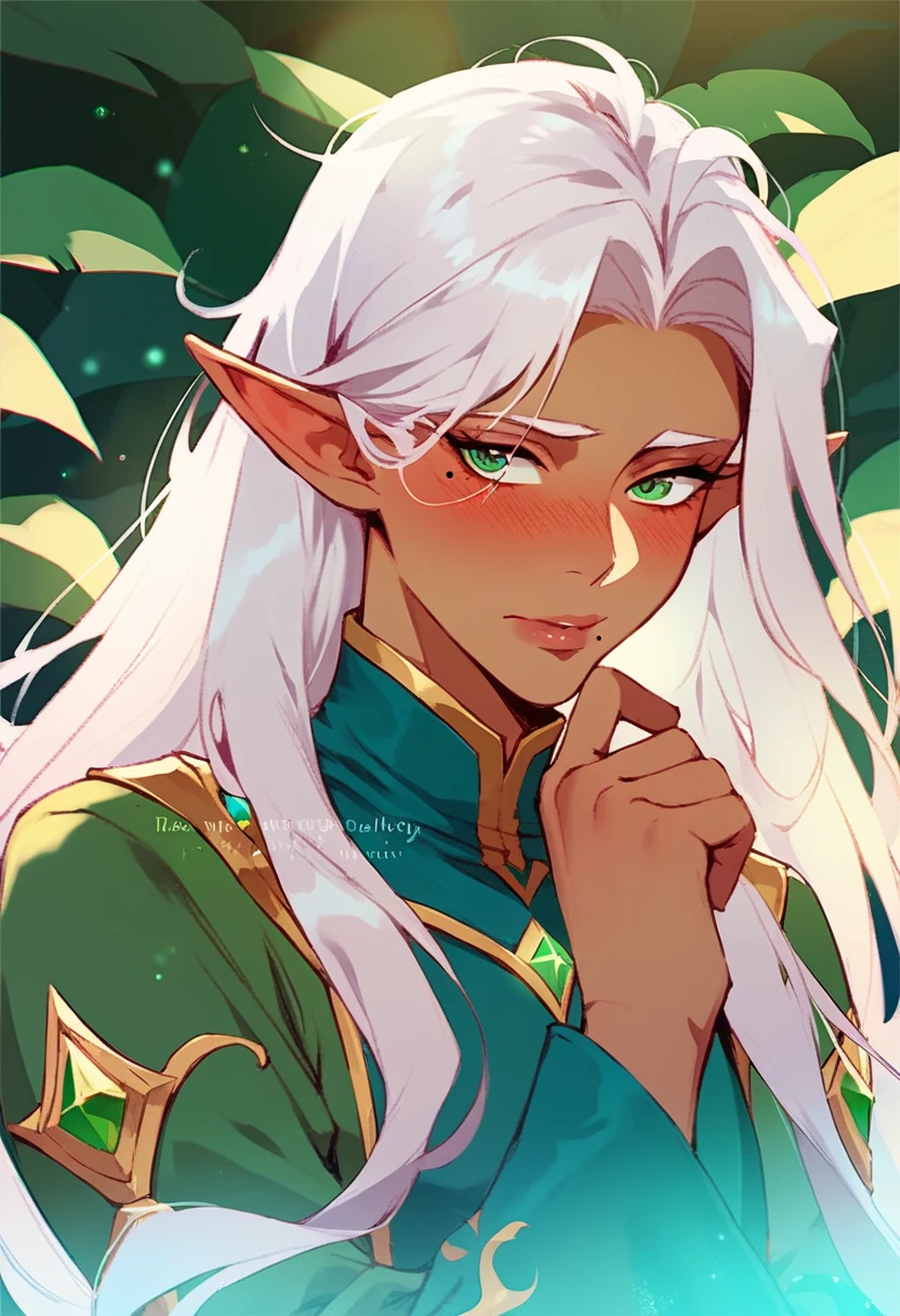 femboy, shy, messy hair, beauty marks, verry tanned, long hair, white hair, green eyes, fantasy clothing, elf ears.