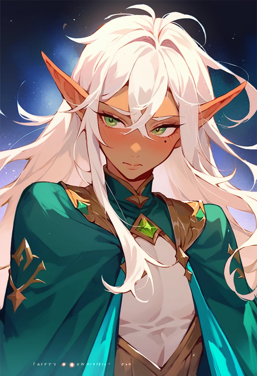 femboy, shy, messy hair, beauty marks, verry tanned, long hair, white hair, green eyes, fantasy clothing, elf ears.