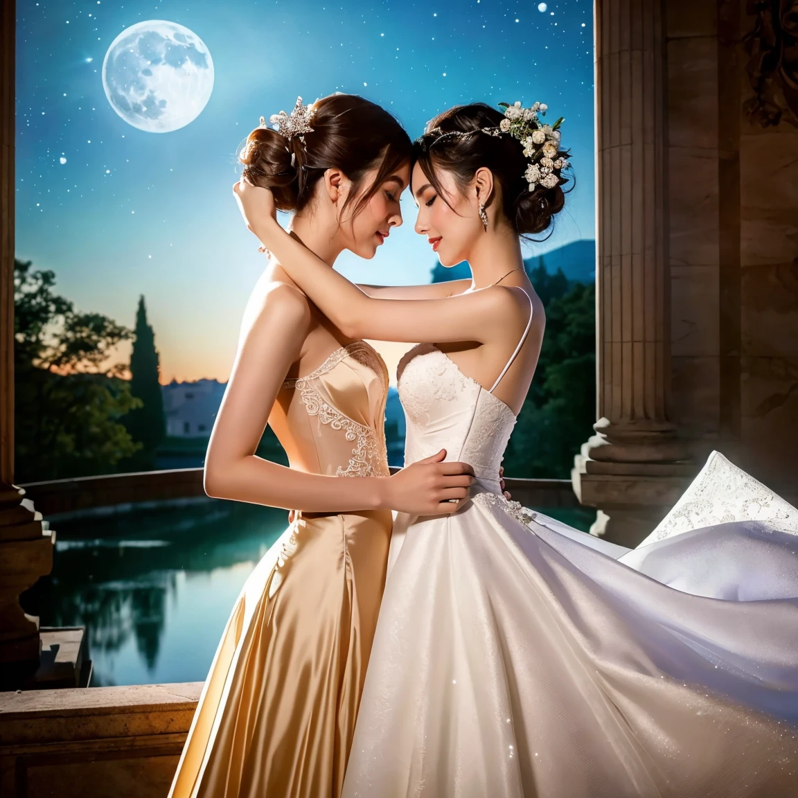 (masterpiece, highest quality, official art, beauty and aesthetic:1.5), perfect anatomy, two stunning bride is deeply in love with each other, kiss, romantic atmosphere, flower and moon, magnificent panorama view