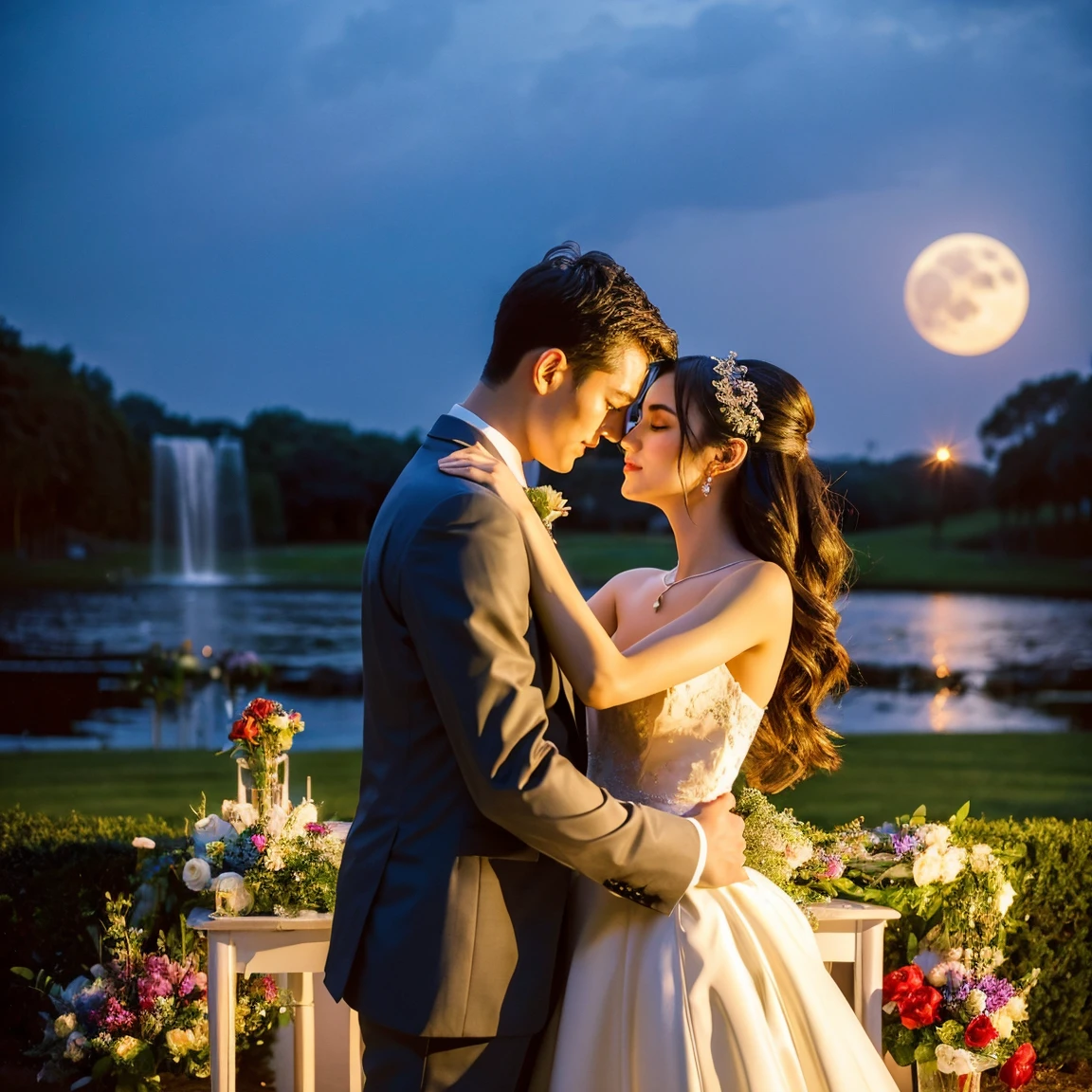 (masterpiece, highest quality, official art, beauty and aesthetic:1.5), perfect anatomy, two stunning bride is deeply in love with each other, kiss, romantic atmosphere, flower and moon, magnificent panorama view