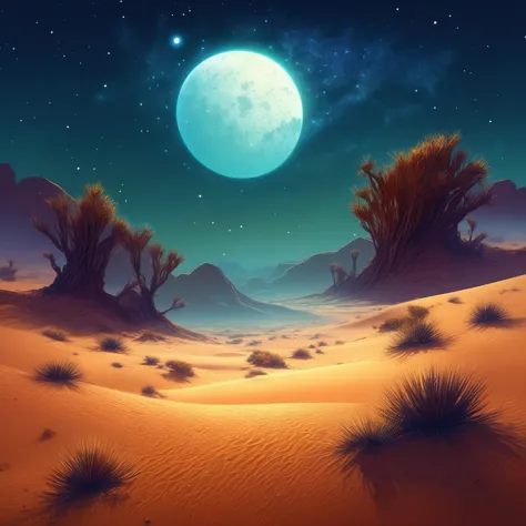 a view of a desert with a sky full of stars, sand desert fantasy, inspired by cyril rolando, beeple y jean giraud, beeple y tim ...