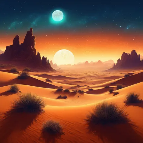 a view of a desert with a sky full of stars, sand desert fantasy, inspired by cyril rolando, beeple y jean giraud, beeple y tim ...