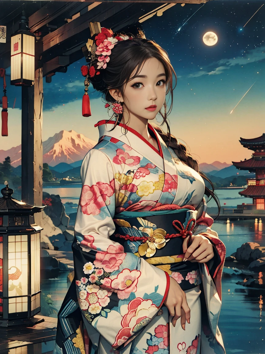 (Highest quality、 8k 、masterpiece、High resolution)、(whole body)、Vibrant colors、Brown-black bob、Traditional topknot、Ample breasts、(Highly detailed face and eyes,Beautiful Face,Beautiful Eyes,Beautiful nose,Pretty lips)、Official Art、Ukiyo-e style、 (Beautiful woman in kimono)、(Vivid floral patterned kimono)、background、river、bridge、Mountain、wood、Starry Sky、moon、Detailed CG、