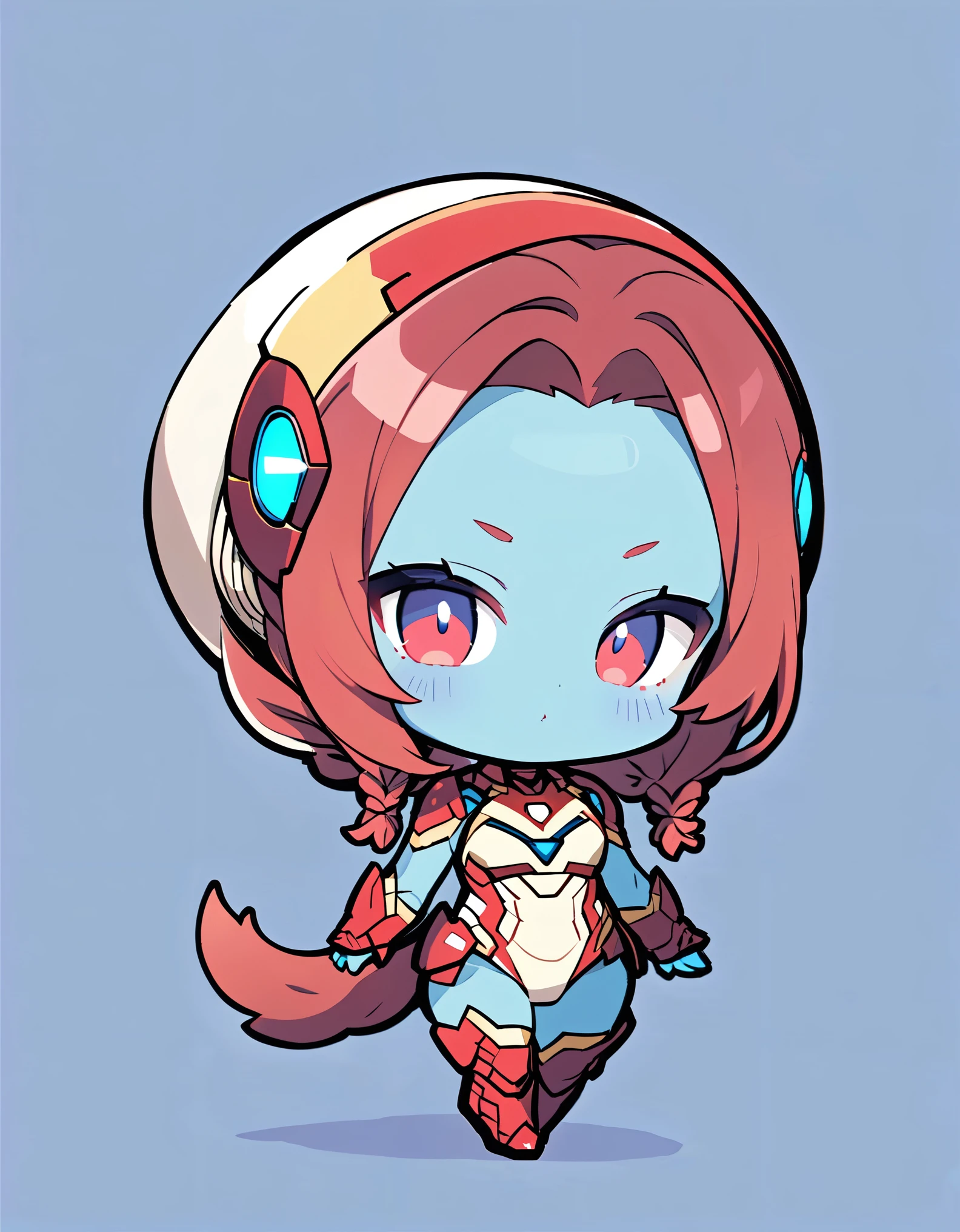 (alien woman,Blue Skin,Dreadlocks,Cute tail,Wearing an Iron Man costume),(chibi),(Chibi Character)