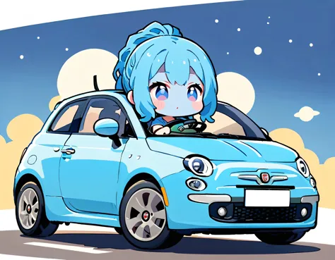 (alien woman,Blue Skin,Dreadlocks,Cute tail,Pop T-shirt,jeans),Driving a Fiat 500,(chibi),(Chibi Character)
