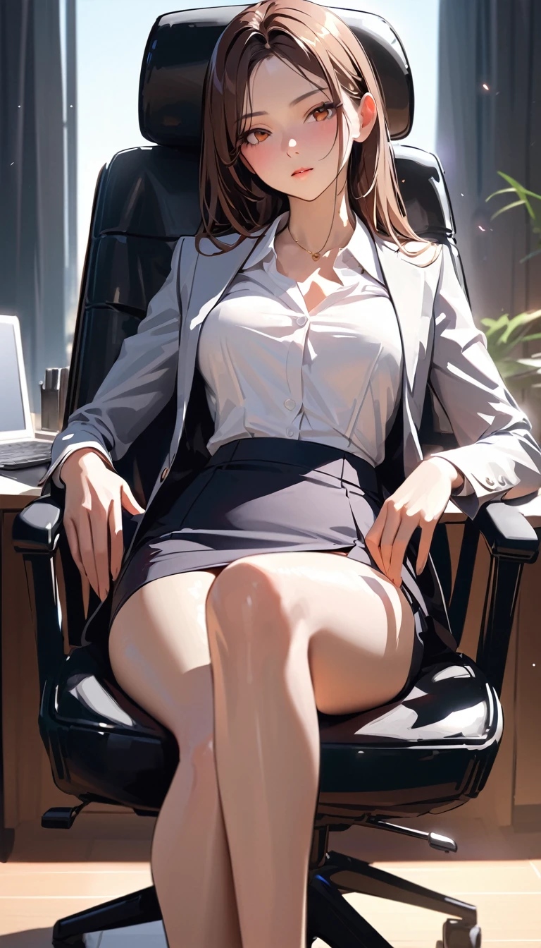 modern, Verism, masterpiece, textured skin, super detail, best quality, 4K , A beautiful woman, (((Ultra-slender))), ((Clothing of office workers)),Knee-length narrow skirt,Jacket,White shirt,Sitting in a chair
