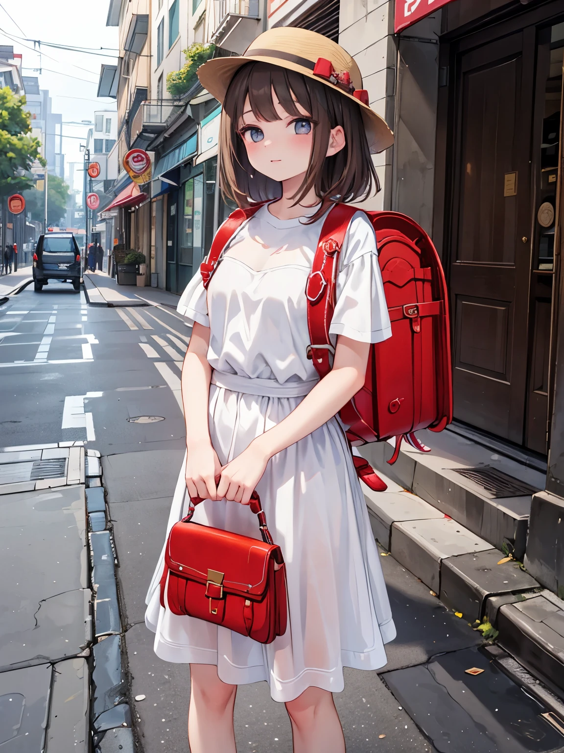 Masterpiece, hd, best quality, 18 y.o, teenager girl, 1girl, European girl, brown hair, medium hair, wear white dress, wearing summer hat, standing, outdoor, streets, holding red purses, wearing red backpack, (backpack:1.2)