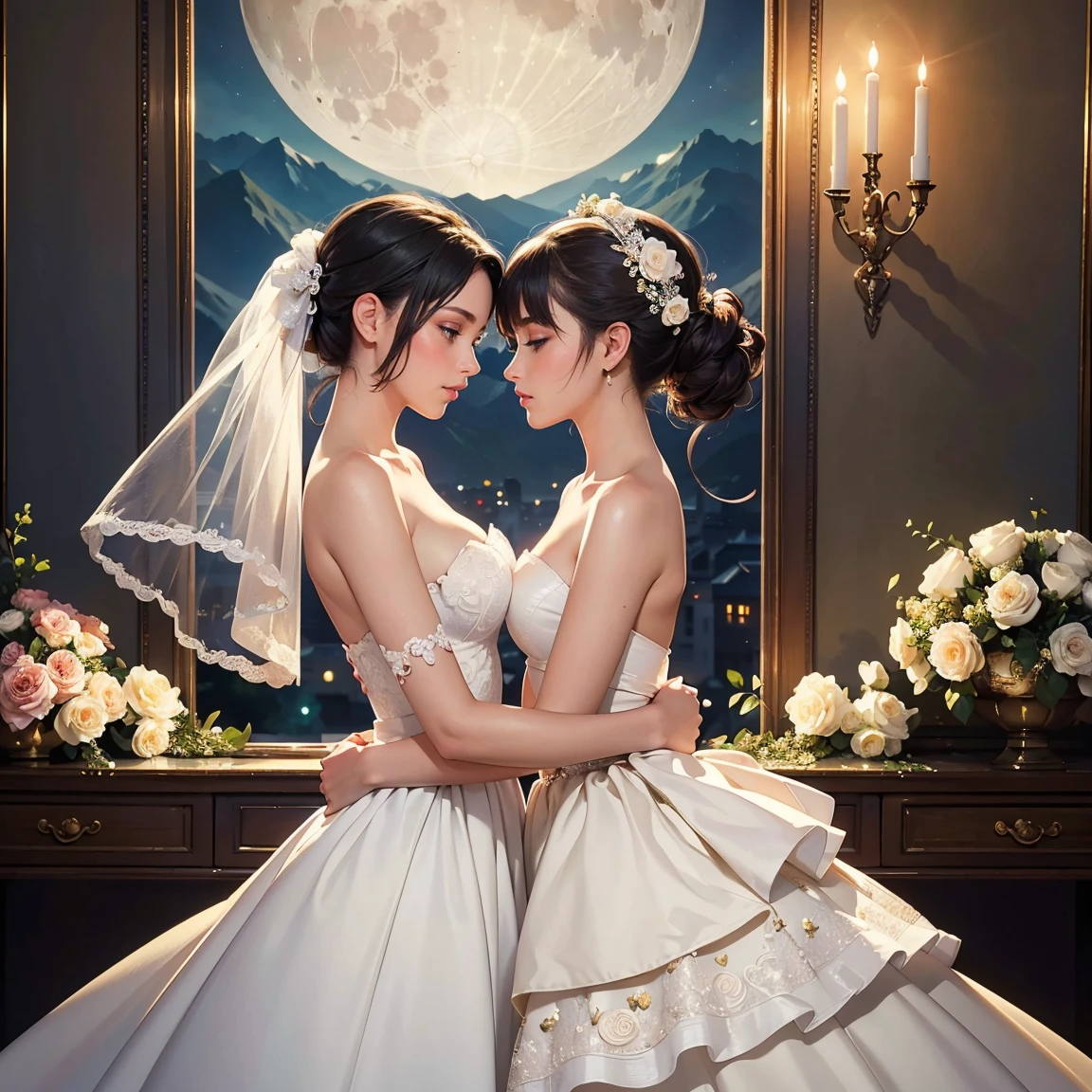 (masterpiece, highest quality, official art, beauty and aesthetic:1.5), perfect anatomy, two stunning bride is deeply in love with each other, kiss, romantic atmosphere, flower and moon, magnificent panorama view