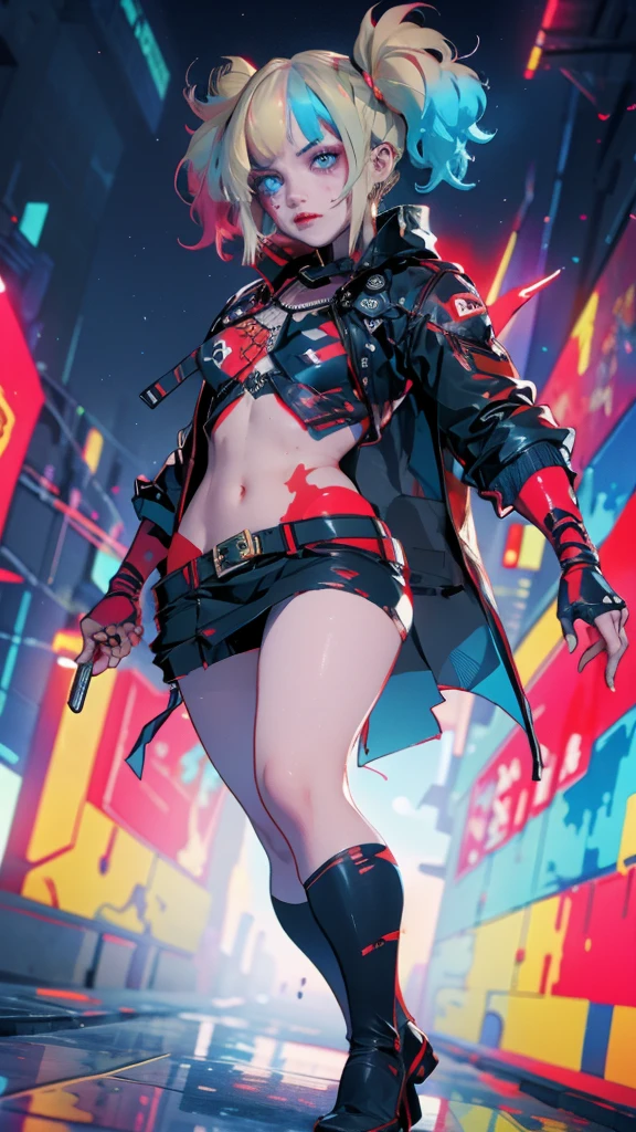 Batleen embodies the legacy of Batman and the redemption of Harley Quinn. In this anime-style design, she wears a combat suit that is predominantly black with dark blue accents and touches of red on the boots and gloves, combining elegance and functionality. Her short cape is aerodynamic, allowing for freedom of movement, and the Batman symbol on her chest is stylised with light blue details. The mask covers the upper half of her face, featuring a softer, more feminine design adorned with subtle details that reflect her unique identity. Batleen's hair is blonde with tips dyed blue and red, either tied up in a high ponytail or left loose depending on the situation. Her expressive eyes, accentuated with bold eyeliner, reveal her determination and internal conflict. She carries personalised batarangs with a diamond design, a collapsible hammer, and advanced technological gadgets. Her athletic and agile physique showcases her prowess in combat and acrobatics, while her confident stance as Batleen contrasts with her more relaxed and approachable demeanour as Harleen Quinzel.