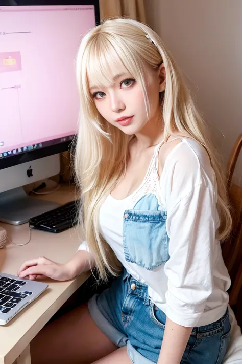 Cute pastel bedroom, an 18 year old blonde long-haired gyaru girl sits in front of a computer. She is wearing a blouse and denim...