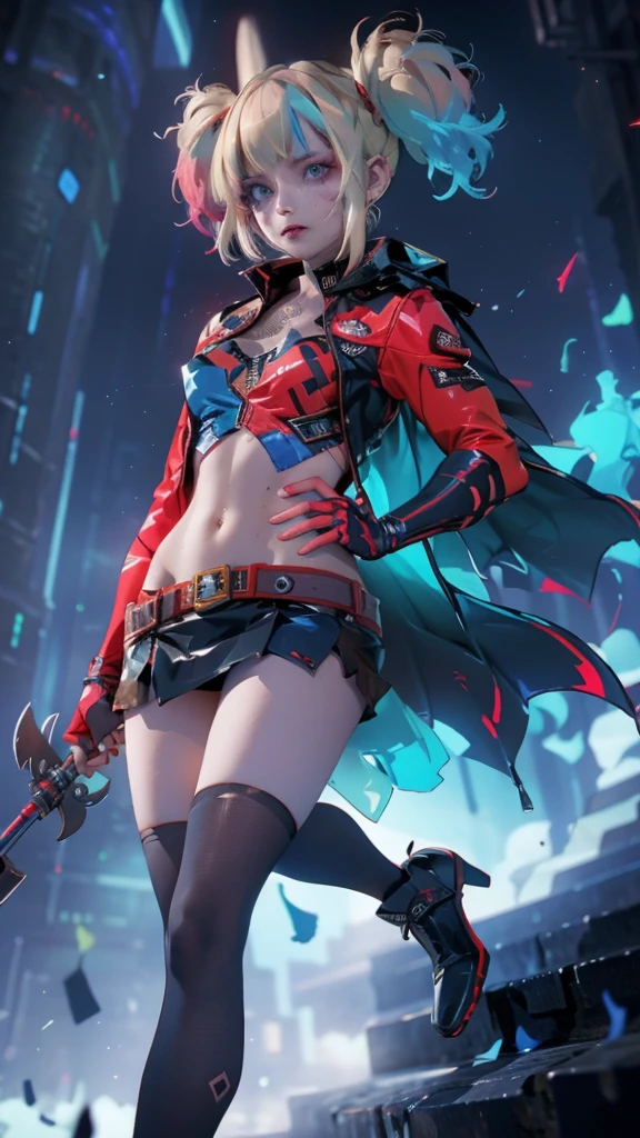 Batleen embodies the legacy of Batman and the redemption of Harley Quinn. In this anime-style design, she wears a combat suit that is predominantly black with dark blue accents and touches of red on the boots and gloves, combining elegance and functionality. Her short cape is aerodynamic, allowing for freedom of movement, and the Batman symbol on her chest is stylised with light blue details. The mask covers the upper half of her face, featuring a softer, more feminine design adorned with subtle details that reflect her unique identity. Batleen's hair is blonde with tips dyed blue and red, either tied up in a high ponytail or left loose depending on the situation. Her expressive eyes, accentuated with bold eyeliner, reveal her determination and internal conflict. She carries personalised batarangs with a diamond design, a collapsible hammer, and advanced technological gadgets. Her athletic and agile physique showcases her prowess in combat and acrobatics, while her confident stance as Batleen contrasts with her more relaxed and approachable demeanour as Harleen Quinzel.