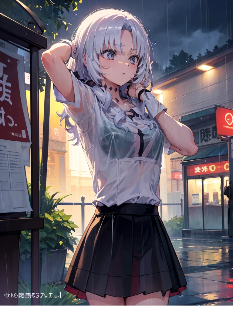 The clothes are wet, (Y-shirt is transparent: 1.4), skirt, (Unbroken body), (Perfect body structure), (arms two), (legs two), highest quality, 4K, (High resolution: 1.3) masterpiece , 1.2, Super detailed, HDR, Studio Lighting, Sharp Focus, Bright colors, Portrait, Warm tones, Soft Lighting,A bus stop in the evening rain、(Put your hands on your head)、