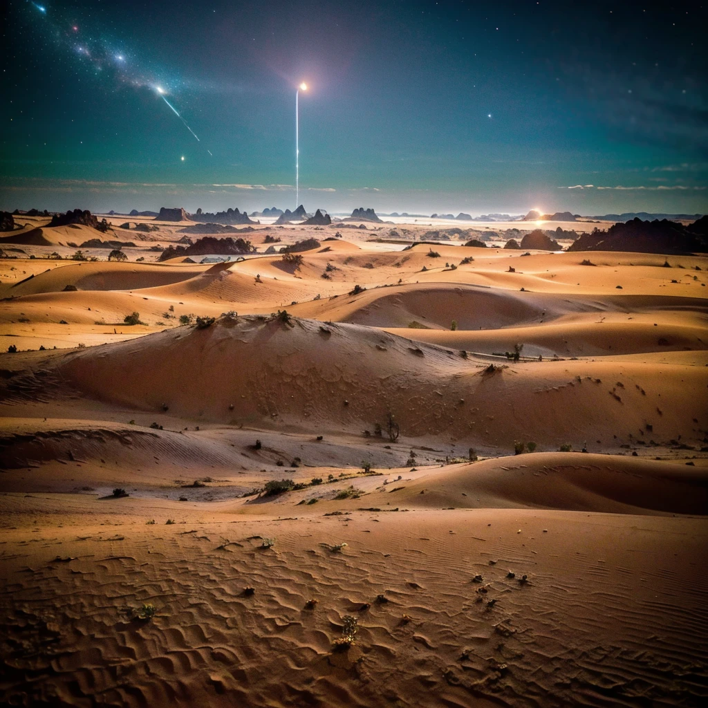 ((Best Quality)), ((masterpiece)), (detailed),  desierto de evening ((incredible dunes)) (( sky stars)) ((evening)) ((galaxies sky)) (( nebulae)) Foreground a vast desert with beautiful dunes which have different sizes, some larger than others, These look like fine, soft sand., It seems that they are moved by a delicate wind, plays with the shadows that they cast.  The image details are impressive, It seems like a landscape out of this time and plane, something incredible for what has always been seen by human beings. ((All elements must be frontal))
The dunes are high and undulating, with sharp ridges and smooth sides. The sand is a warm tone, like gold burned by the sun.
Some dunes are partially covered with resistant vegetation, such as small herbs or thorny bushes.
The Night Sky:
El cielo está salpicado de estrellas brillantes y nebulae. Las nebulae forman remolinos de colores suaves, like cosmic brushstrokes.
Distant galaxies spread in the background, creating a feeling of vastness and mystery.
Silhouettes of Camels and Flora:
In the distance, you can see silhouettes of camels moving slowly. Their humps are silhouetted against the starry sky.
Desert flora includes tall, prickly cacti, yuccas and solitary palms. Their shapes add visual interest to the landscape.
The atmosphere:
The air is cool and dry. You can feel the sand under your feet and hear the whisper of the wind.
Moon, in its growing phase, illuminates the dunes and the shadows lengthen on the sand.