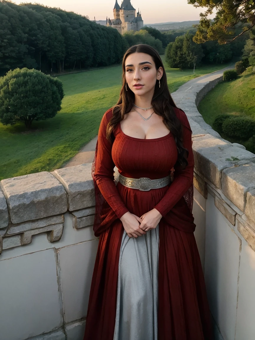 Gorgeous and sultry busty athletic (thin) brunette queen with sharp facial features wearing a modest updo, dark red medieval dress, long sleeves, intricate patterns, scrollwork, wide neck, crown, veil, long dress, modest dress, tight bodice, silver belt, (waist chain), medieval jewelry, Middle Ages, castle, rampart, wall, exterior, on top of a castle wall, trees, countryside, evening, sunset.