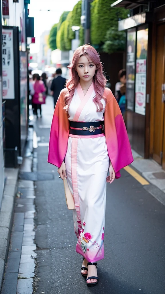 Cute Japanese woman, (16 years old), (very cute face), white moisturized skin, looking at the camera, melancholy expression,
BREAK,
Idol,
BREAK,
(wearing cute kimono: 1.3), (highly revealing kimono), very large earrings, short length,
BREAK,
(long hair), (pink hair: 1.4), (wavy hair), (gradient hair: 1.3), (red hair at the end),
BREAK,
(realistic: 1.3), masterpiece, perfect lighting, (ultra-high resolution), (8K), (highly detailed: 1.4), (from the front), (full body: 1.4), (symmetrical: 1.2), (one shot),
BREAK,
(Shibuya city in Japan: 1.2),
BREAK,
(Demon Slayer: 1.4),
BREAK,