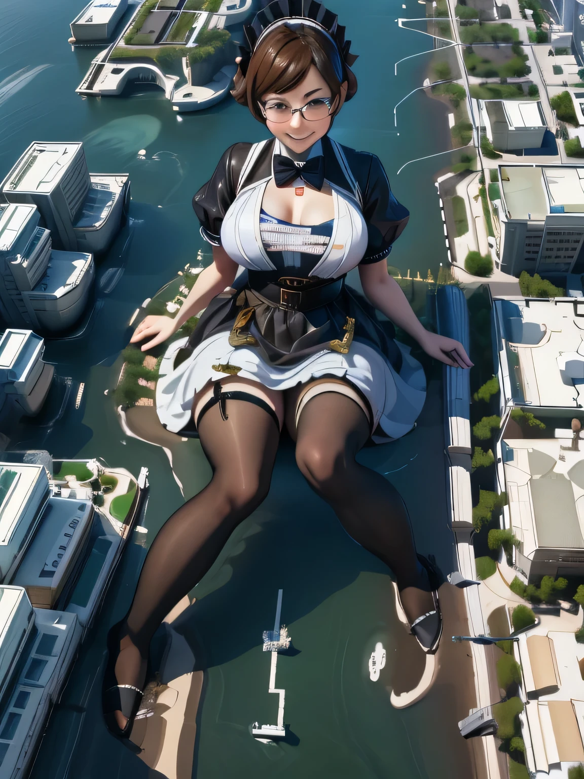 複数の女の子, 巨人 art, highly detailed 巨人 shot, 巨人, 最も詳細な, 完璧な顔, 二足, 五本の指, ショートヘア, 超高層ビルよりも大きな美しい少女, 縁なしメガネをかける, 笑顔, 巨大な胸, メイド服, 黒パンスト, 靴を履かない, パンスト越しにつま先が見える, 足の裏から蒸気が出る, 海辺の大都市, 海上には多数の小型軍艦が浮かんでいる, 都市を破壊する, 激しい攻撃を受ける, 非常に小さな大都市, ミニチュア大都市, 全身描写, GTS, ギガジャイアント, 踏みにじる街, 崩壊した都市, 小さな町, マイクロシティ, パンスト足, 高解像度, 最高品質, 傑作,