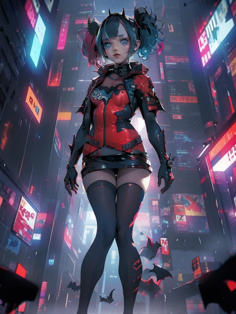 Full shot, Harley Quinn wearing the Batsuit in the heavy rain. on the streets of ghotam city in a neo city style. serious expression. walking. batman suit, batman cape flying through the air behind her. accessories related to batman and harley. overnight. detailed. detailed face. professional illustration. dark colors.  Anime style. Anime.