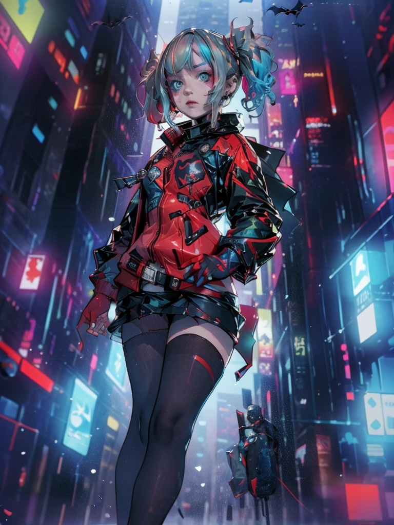 Full shot, Harley Quinn wearing the Batsuit in the heavy rain. on the streets of ghotam city in a neo city style. serious expression. walking. batman suit, batman cape flying through the air behind her. accessories related to batman and harley. overnight. detailed. detailed face. professional illustration. dark colors.  Anime style. Anime.