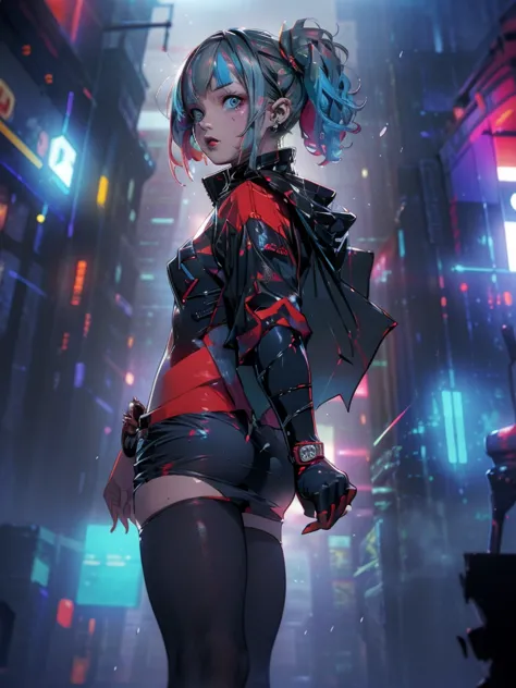 full shot, harley quinn wearing the batsuit in the heavy rain. on the streets of ghotam city in a neo city style. serious expres...