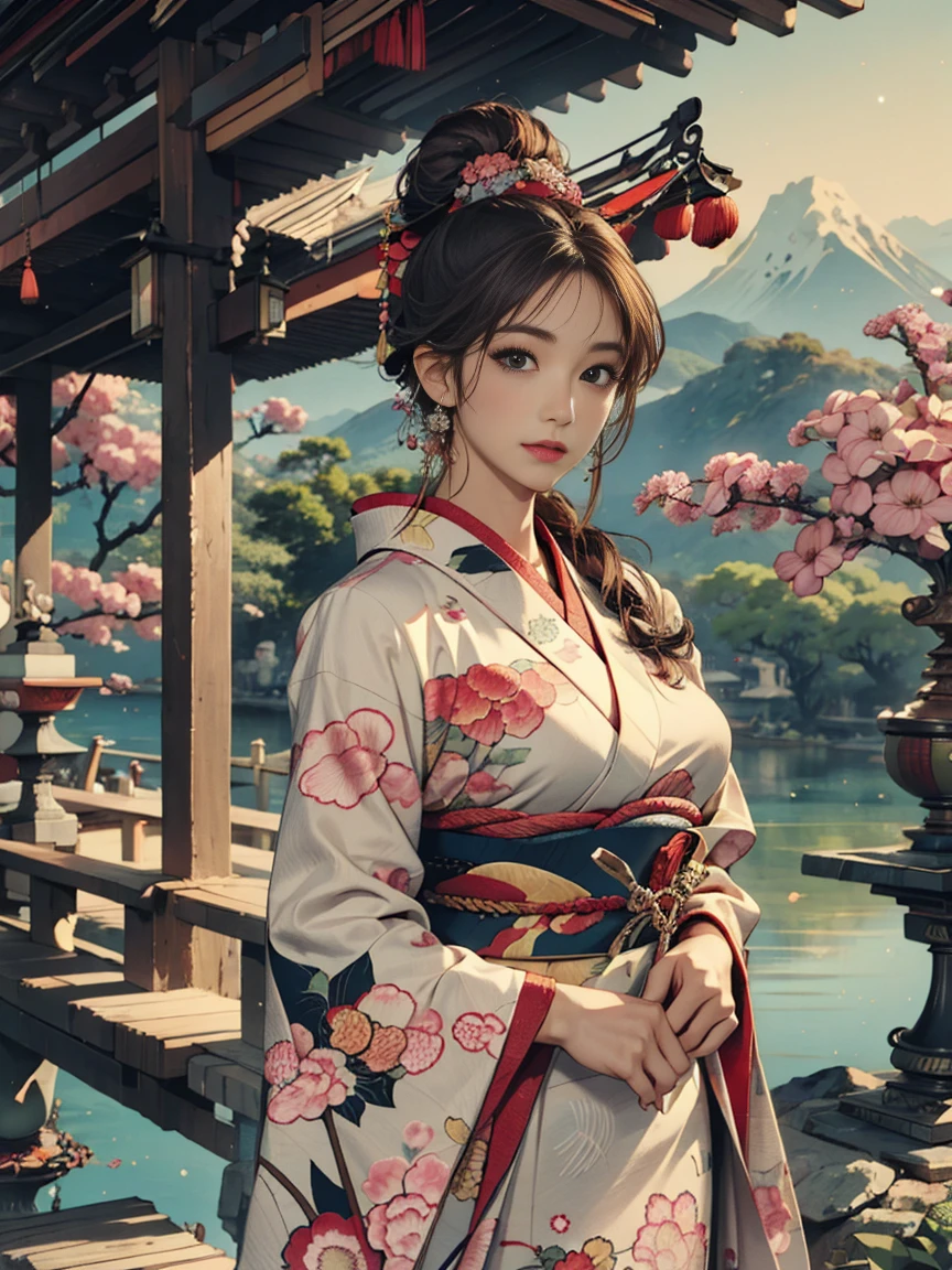 (Highest quality、 8k 、masterpiece、High resolution)、(whole body)、Vibrant colors、Brown-black bob、Traditional topknot、Ample breasts、(Highly detailed face and eyes,Beautiful Face,Beautiful Eyes,Beautiful nose,Pretty lips)、Official Art、Ukiyo-e style、 (Beautiful woman in kimono)、(Vivid floral patterned kimono)、background、river、bridge、Mountain、wood、Starry Sky、plum、Detailed CG、