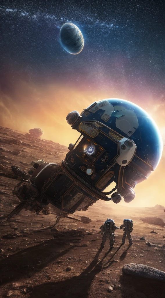 A futuristic space exploration scene set on a distant exoplanet. In the foreground, a sleek, advanced spacecraft is landed on the rocky surface, its metallic hull gleaming under the light of a distant star. Astronauts in cutting-edge space suits, equipped with advanced helmets and glowing visors, are conducting experiments and gathering samples. The landscape is alien yet beautiful, with towering, crystalline structures and a sky filled with multiple moons and distant galaxies. Nearby, a robotic rover is navigating the terrain, scanning and analyzing the environment. The atmosphere is filled with a sense of discovery and adventure, as humanity explores the uncharted territories of the universe.