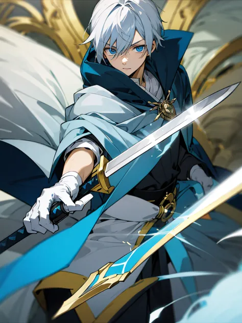 wizard a young man, he has a silver hair and blue eyes, he wear a hood and wear gloves ,sword.