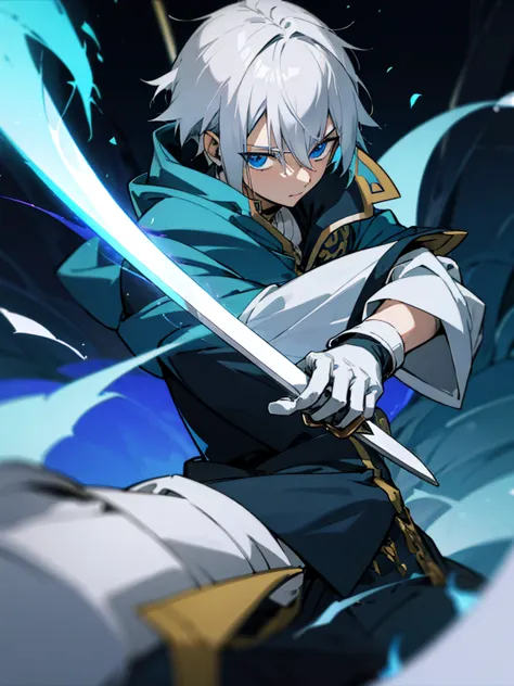 wizard a young man, he has a silver hair and blue eyes, he wear a hood and wear gloves ,sword.