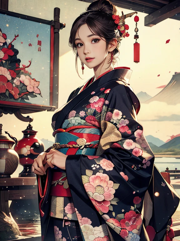 (Highest quality、 8k 、masterpiece、High resolution)、(whole body)、Vibrant colors、Brown-black bob、Traditional topknot、Ample breasts、(Highly detailed face and eyes,Beautiful Face,Beautiful Eyes,Beautiful nose,Pretty lips)、Official Art、Ukiyo-e style、 (Beautiful woman in kimono)、(Vivid floral patterned kimono)、background、river、bridge、Mountain、wood、Starry Sky、plum、Detailed CG、