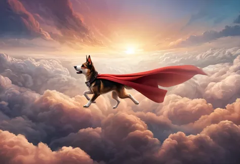 ((Masterpiece, top quality, high resolution, highly detailed CG unified 8K wallpaper)), A puppy flying above the clouds with its...