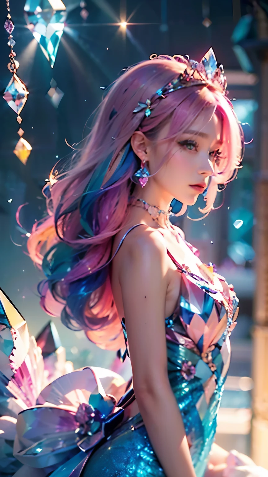 Highest quality，masterpiece，16K，One girl, bangs, Exposing shoulders, chest, Crown, crystallization, dress, From the side, gem,Colorful crystallizations,Crystal Headwear,There are many crystallizations on the clothes,Colorful Gradient Hair,カラフルなdress,Colorful crystals floating,Body crystals,Crystal Necklace,Colorful crystallization decoration,crystalline girl, Gradient Hair, jewelry, Long Hair, compensate, medium chest, Multicolored Hair, Pink Hair, alone, tiara