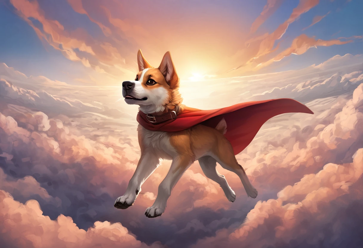 ((Masterpiece, top quality, high resolution, highly detailed CG unified 8K wallpaper)), A puppy flying above the clouds with its red cape fluttering, dynamic composition,