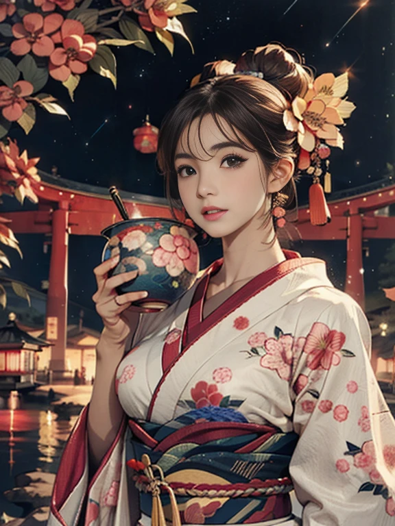 (Highest quality、 8k 、masterpiece、High resolution)、(whole body)、Vibrant colors、Brown-black bob、Traditional topknot、Ample breasts、(Highly detailed face and eyes,Beautiful Face,Beautiful Eyes,Beautiful nose,Pretty lips)、Official Art、Ukiyo-e style、 (Beautiful woman in kimono)、(Vivid floral patterned kimono)、background、river、bridge、Mountain、wood、Starry Sky、plum、Detailed CG、