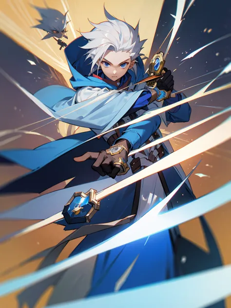 wizard a young man, he has a silver hair and blue eyes, he wear a hood and wear gloves ,sword.