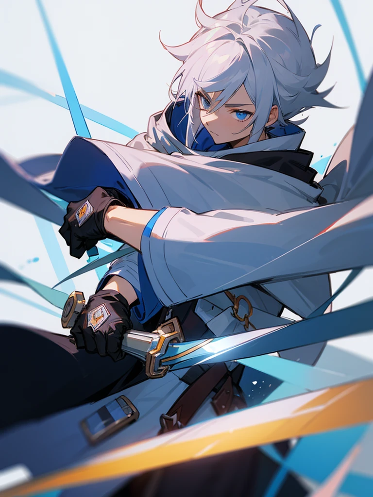 Wizard a young man, he has a silver hair and blue eyes, he wear a hood and wear gloves ,sword.
