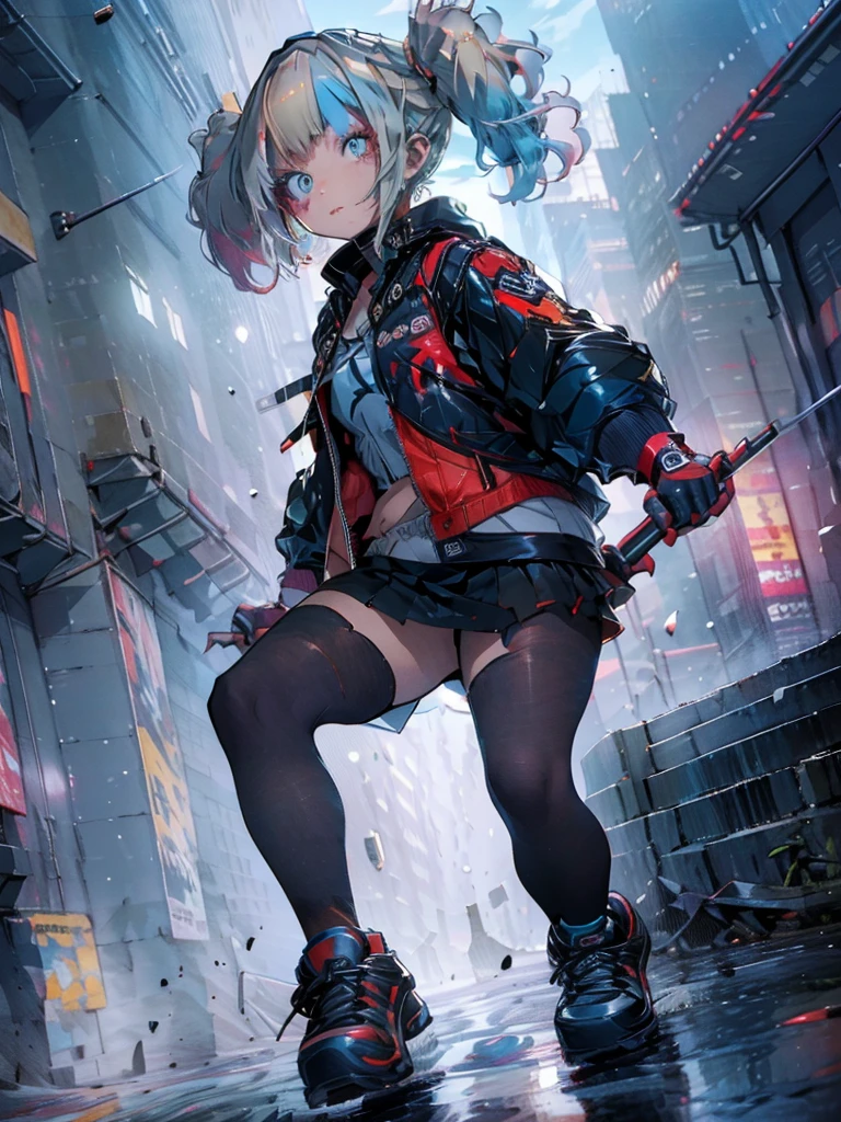 Batleen embodies the legacy of Batman and the redemption of Harley Quinn. In this anime-style design, she wears a combat suit that is predominantly black with dark blue accents and touches of red on the boots and gloves, combining elegance and functionality. Her short cape is aerodynamic, allowing for freedom of movement, and the Batman symbol on her chest is stylised with light blue details. The mask covers the upper half of her face, featuring a softer, more feminine design adorned with subtle details that reflect her unique identity. Batleen's hair is blonde with tips dyed blue and red, either tied up in a high ponytail or left loose depending on the situation. Her expressive eyes, accentuated with bold eyeliner, reveal her determination and internal conflict. She carries personalised batarangs with a diamond design, a collapsible hammer, and advanced technological gadgets. Her athletic and agile physique showcases her prowess in combat and acrobatics, while her confident stance as Batleen contrasts with her more relaxed and approachable demeanour as Harleen Quinzel.