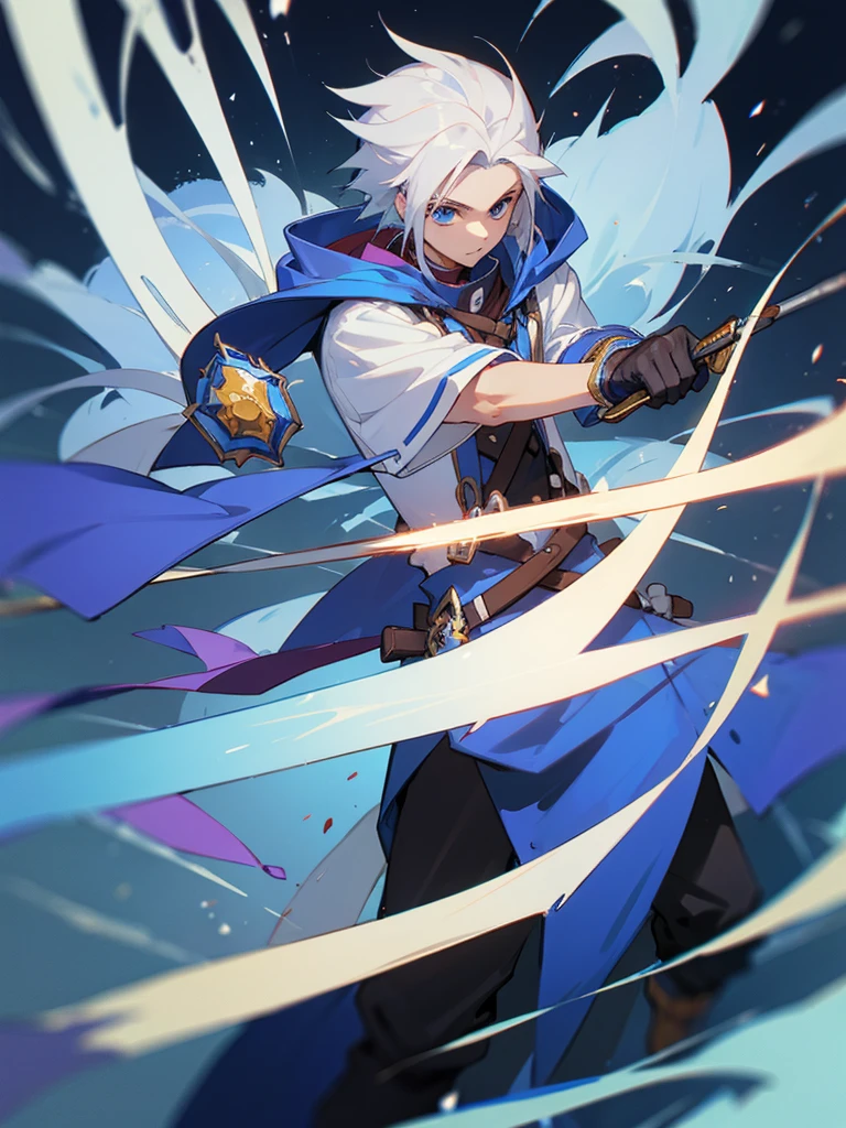 Wizard a young man, he has a silver hair and blue eyes, he wear a hood and wear gloves ,sword.
