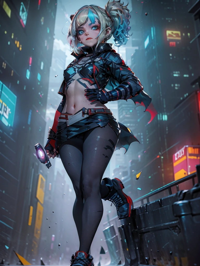 Batleen encarna o legado de Batman e a redenção de Harley Quinn. Neste design estilo anime, ela usa um traje de combate predominantemente preto com detalhes em azul escuro e toques de vermelho nas botas e luvas, combinando elegância e funcionalidade. Sua capa curta é aerodinâmica, permitindo o movimento, e o símbolo do Batman em seu peito é estilizado com detalhes em azul claro. A máscara cobre a metade superior do rosto, apresentando um mais suave, design mais feminino adornado com detalhes sutis que refletem sua identidade única. O cabelo de Batleen é loiro com pontas tingidas de azul e vermelho, amarrado em um rabo de cavalo alto ou solto dependendo da situação. Seus olhos expressivos, acentuado com delineador ousado, revelar sua determinação e conflito interno. Ela carrega batarangs personalizados com desenho de diamante, um martelo dobrável, e dispositivos tecnológicos avançados. Seu físico atlético e ágil mostra sua habilidade em combate e acrobacias, enquanto sua postura confiante como Batleen contrasta com seu comportamento mais relaxado e acessível como Harleen Quinzel.