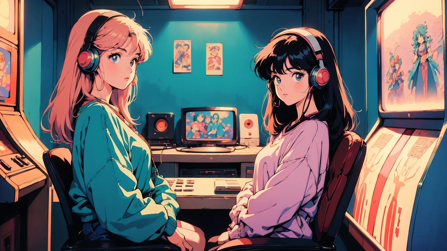 Retro arcade anime girl, 80年代のAnime atmosphere, 80s anime style, Retro Anime Girls, 1980's anime style, Retro anime images, Anime atmosphere, Playing games, ４ｋ, Wear headphones、Sitting in a chair、It&#39;s dusk outside and the sky is visible through the large windows.