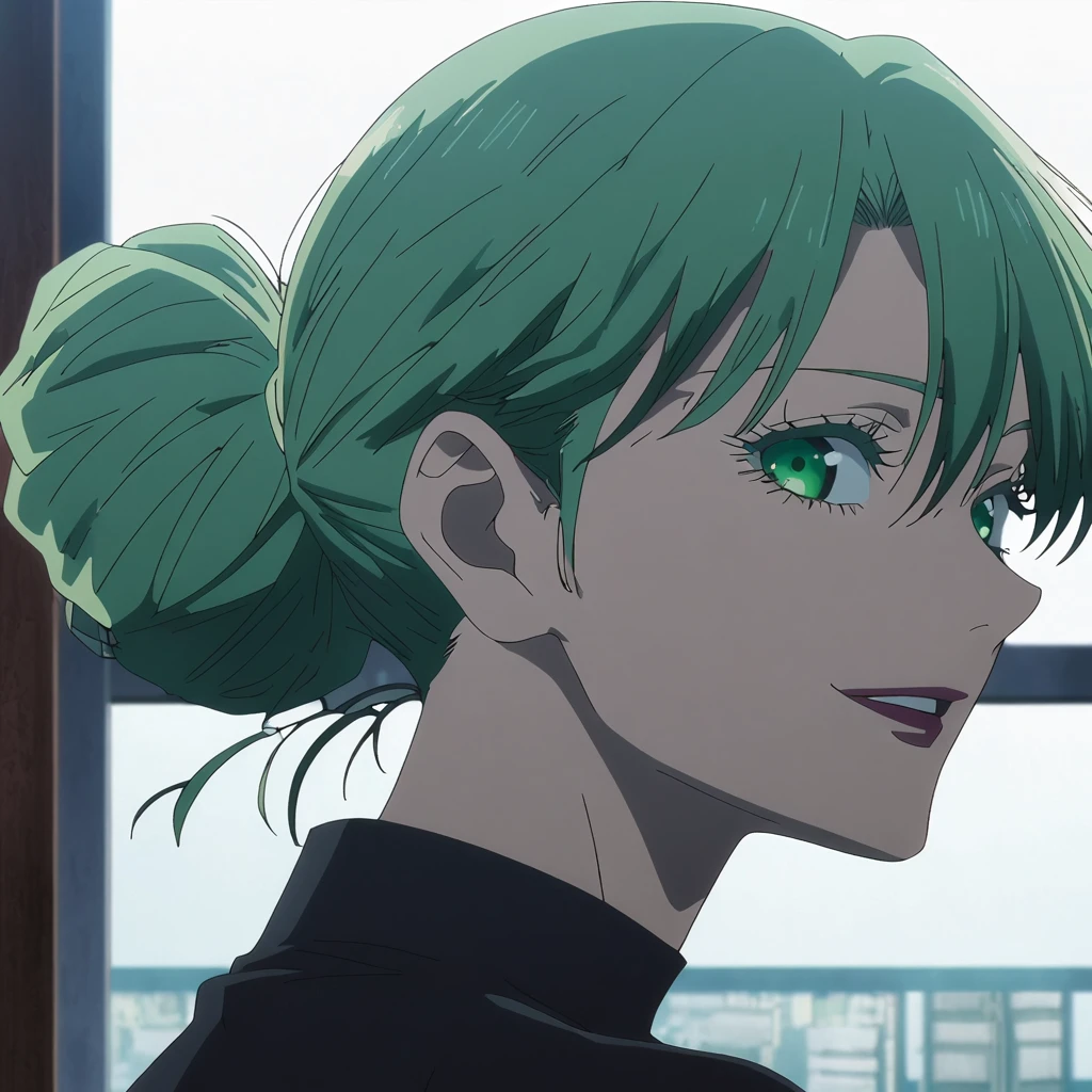 1girl, female gojo satoru, anime screencap from jujutsu kaisen, gojo satoru female version, solo, long_Green hair, hair strands, hair bun, black round sunglasses, Green Eyes, parted_lips, smiling, looking_at_viewer, windows, room, side view, white_hair, bangs, eyelashes, (blackless outfit),  hair_between_eyes, floating hair, (hair strands) ((shot from behind))