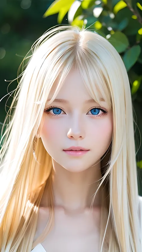 transparent, incredibly white, lustrous skin、the strong wind blows her blonde hair, blocking her pretty face.、16 years old cute ...