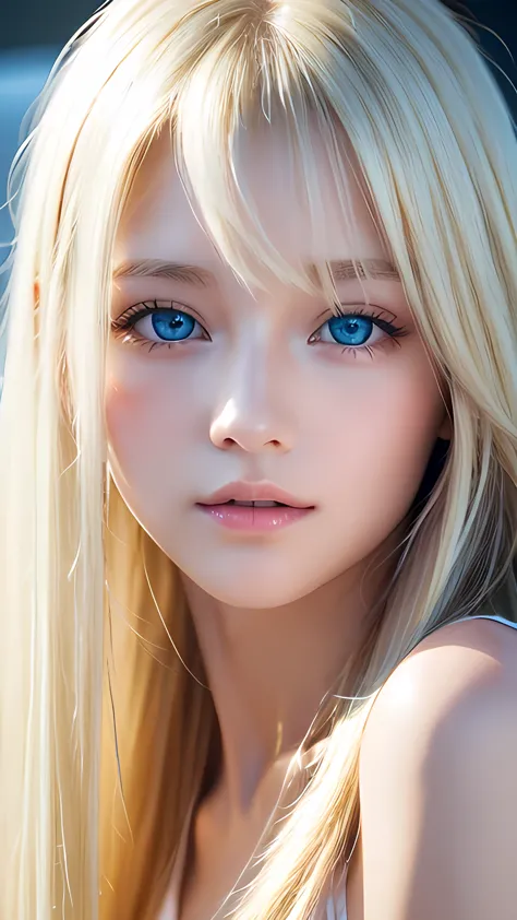 transparent, incredibly white, lustrous skin、the strong wind blows her blonde hair, blocking her pretty face.、16 years old cute ...