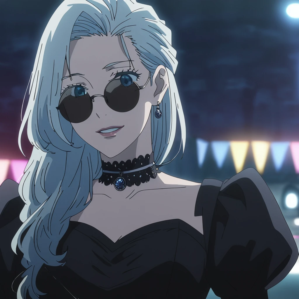 1girl, female gojo satoru, anime screencap from jujutsu kaisen, gojo satoru female version, solo, long_hair, ((Blue eyes)) ((round sunglasses)) ((Silver_hair, hair over ear from one side))((slicked hair)) , night view, upper_body, smile,party hall, parted lips, (long hair) ((wearing black colour prom night outfit, neck choker)) "very detailed and high resolution" (Blue eyes) ((round sunglasses)) ((solo)) (((front view))) (earings) ((high resolution)) ((good quality)) ((silky hair, hair over ear from one side))((hair slicked)) ((parted lips)) 