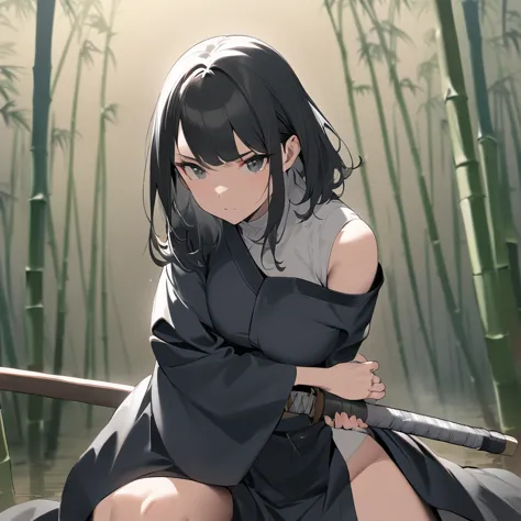 Top quality, masterpiece, high resolution, solo, sumi-e style, samurai girl, long black hair that reaches her shoulders, black e...