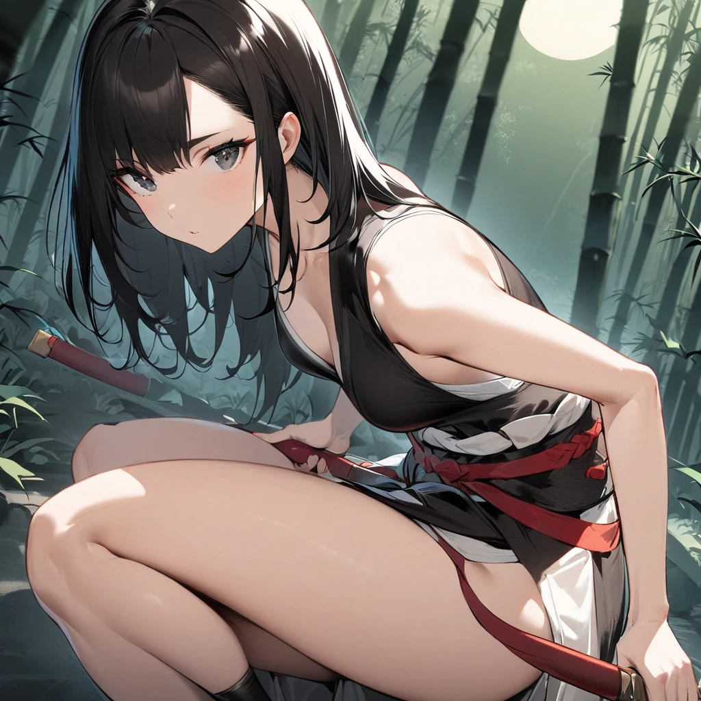 Top quality, masterpiece, high resolution, 独奏, sumi-e style, samurai girl, long black hair that reaches her shoulders, black eyes, kimono, holding a Japanese sword, Absence,beautiful posture, bamboo forest, moonlit night
