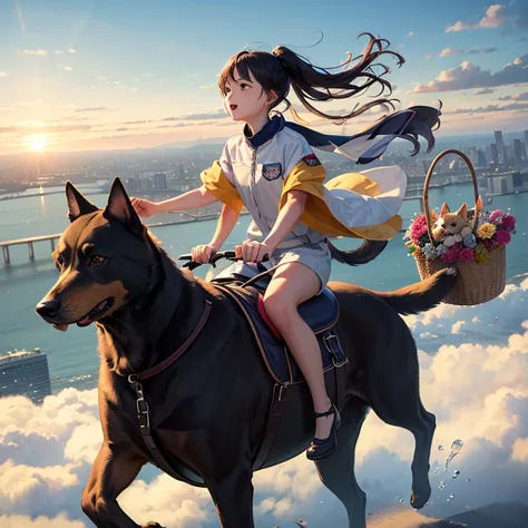 (masterpiece, highest quality), (dog), (dogが気球に乗っている), floating, the expanse of the sky、the cityscape below, riding in a basket、...