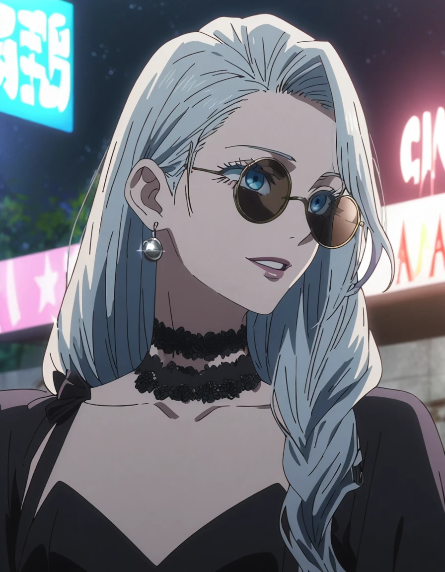 1girl, female gojo satoru, anime screencap from jujutsu kaisen, gojo satoru female version, solo, long_hair, ((Blue eyes)) ((round sunglasses)) ((Silver_hair, hair over ear from one side))((slicked hair)) , night view, upper_body, smile,party hall, parted lips, (long hair) ((wearing black colour prom night outfit, neck choker)) "very detailed and high resolution" (Blue eyes) ((round sunglasses)) ((solo)) (((front view))) (earings) ((high resolution)) ((good quality)) ((silky hair, hair over ear from one side))((hair slicked)) ((parted lips)) 