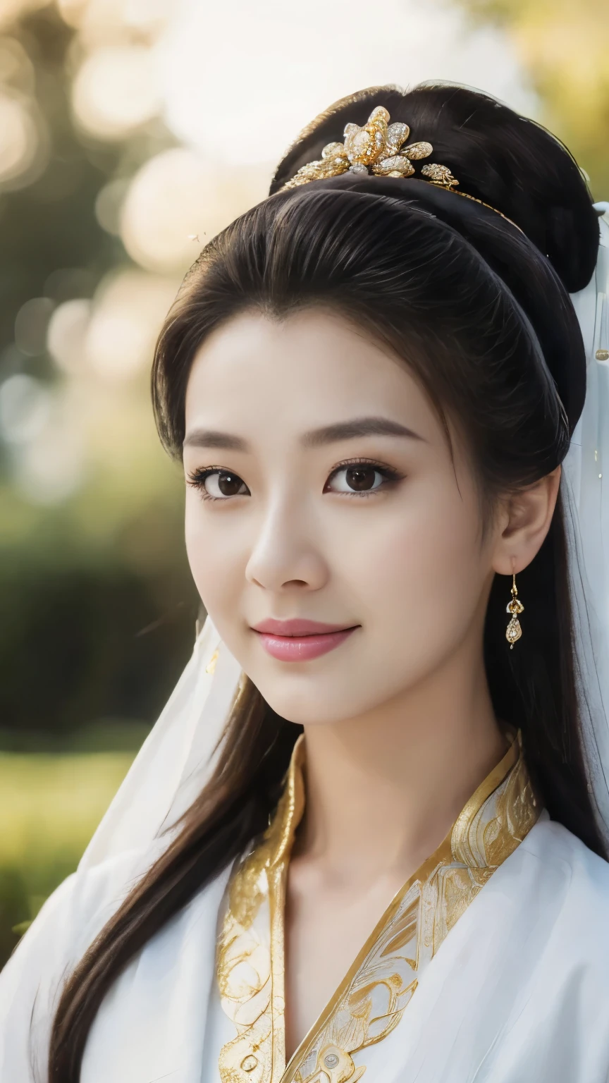 Front view,  standing pose, Chinese girl, 21 century, looking at viewer, beautiful Chinese  Young General, 26 years old, (Highly detailed face, Ordinary eyes,  Tapered eyebrows, Brown  eye, Variegated eyes, Fuller lips, little Lips, smile),(gold earning, white pearl neck less, lady's watch ),in palace Garden, sunset ,(masterpiece, Highest quality, masterpiece, God-like quality, Godly art, , Very realistic)